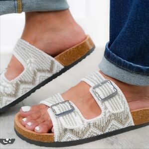 Beaded double buckle slide sandals
